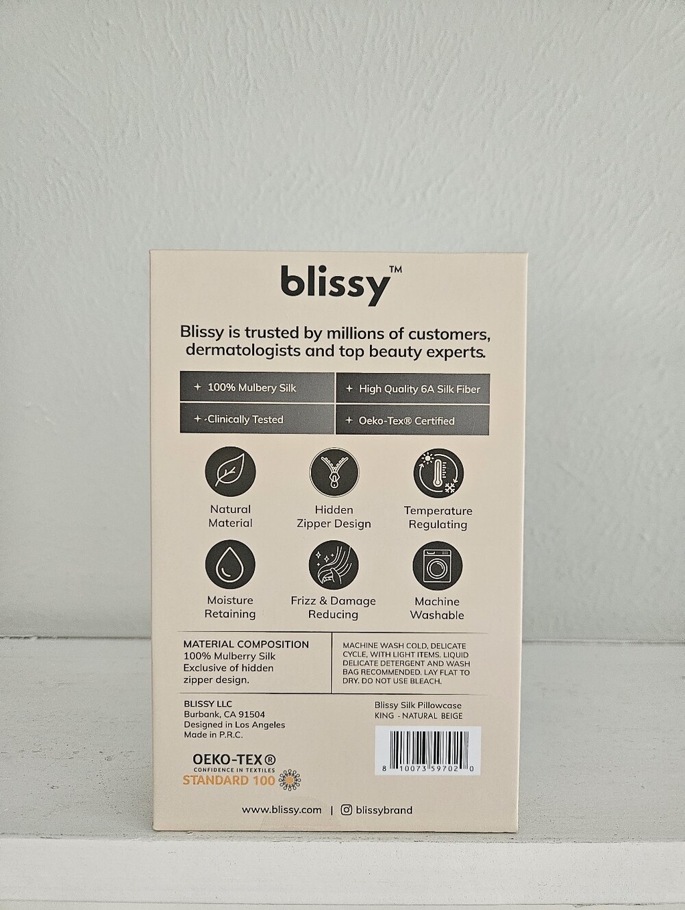 New In Box- Blissy 100% Pure Mulberry Silk Pillowcase- King - Picture 4 of 5